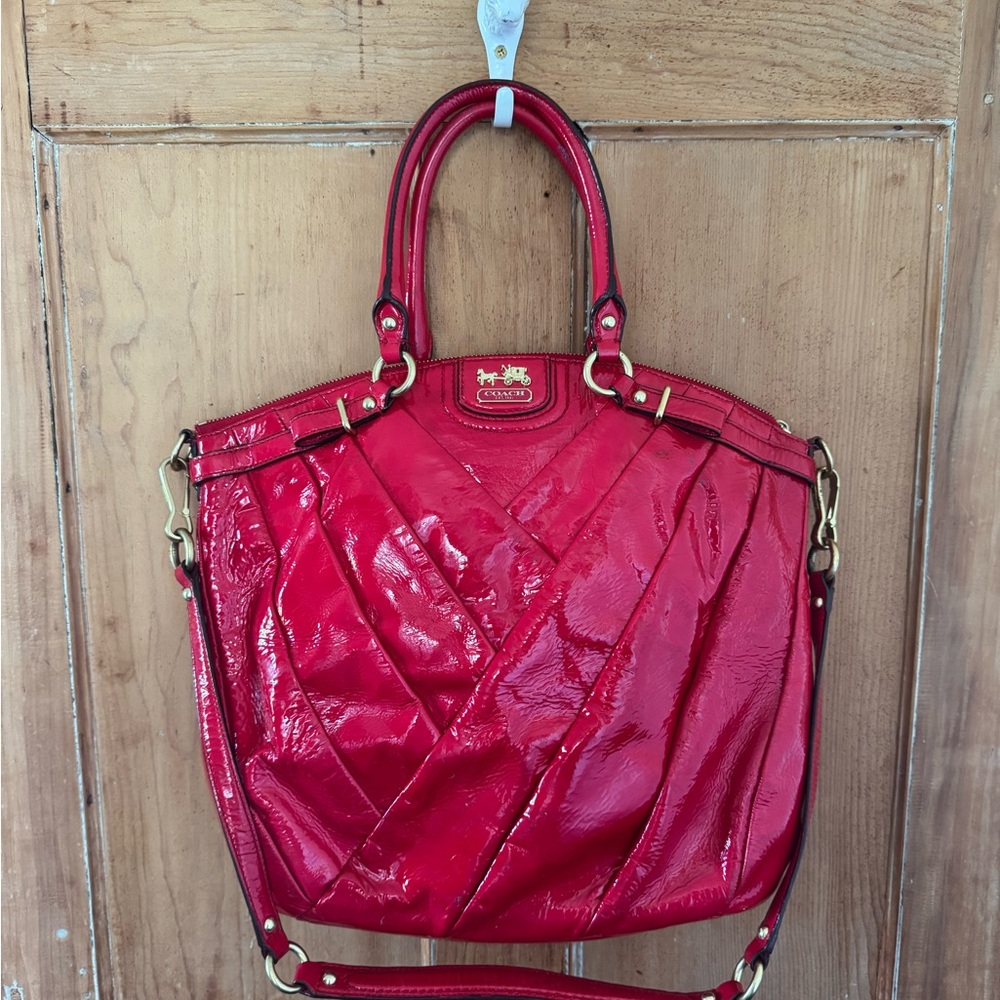 Coach Red Quilted Shoulder Bag with Glossy Finish with matching wallet